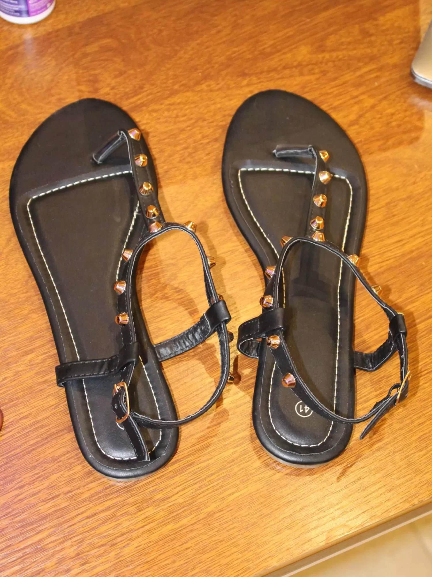 Black Studded T-Bar Flat Sandals