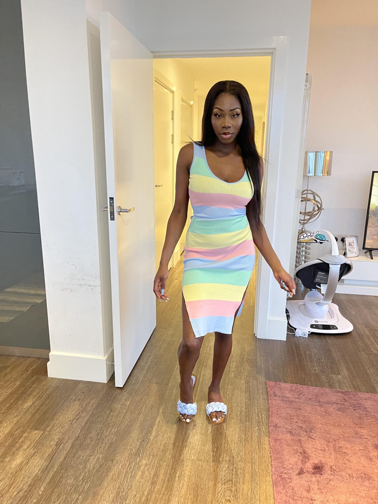 Candy Stripe Ribbed Tie Waist Dress