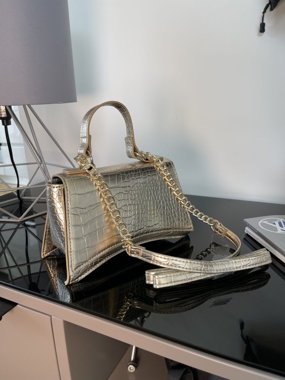 Gold Croc Design Cross Body Bag With Gold Link Detail