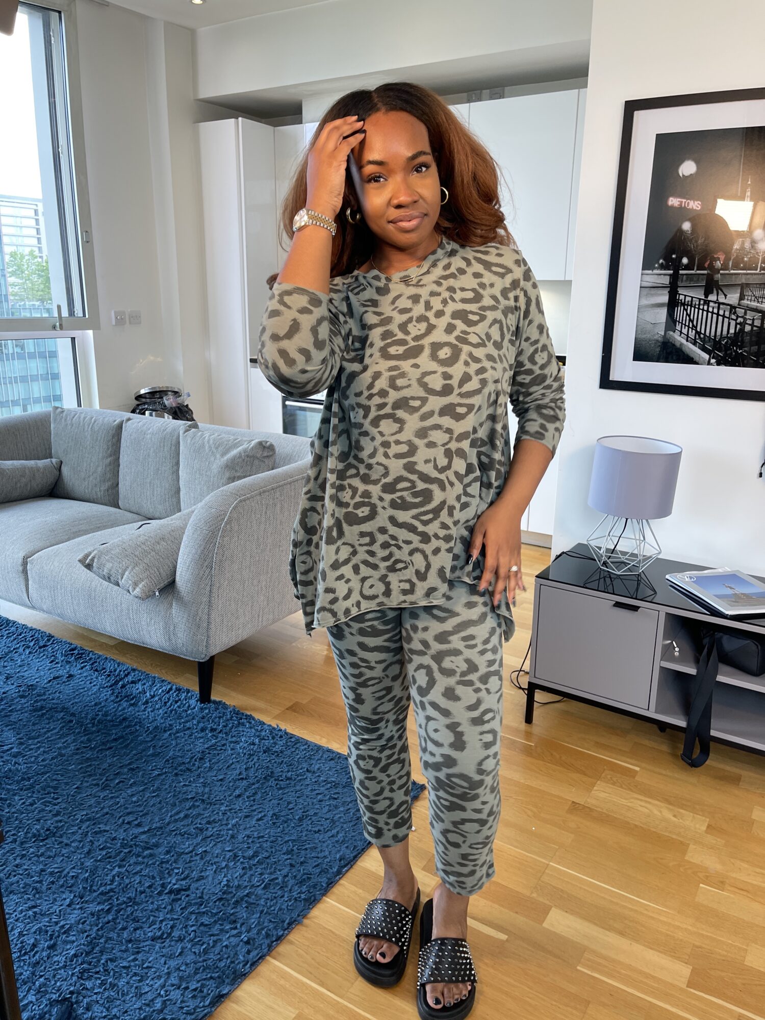 Khaki Comfortable Lounge Wear Set With Leopard Pattern