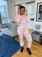 Pink White Tie Dye Cropped Hoodie & Jogger Lounge Set