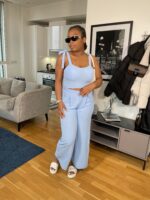 2 Piece Wide Leg Trousers With Tie Hand Crop Top Set In Blue