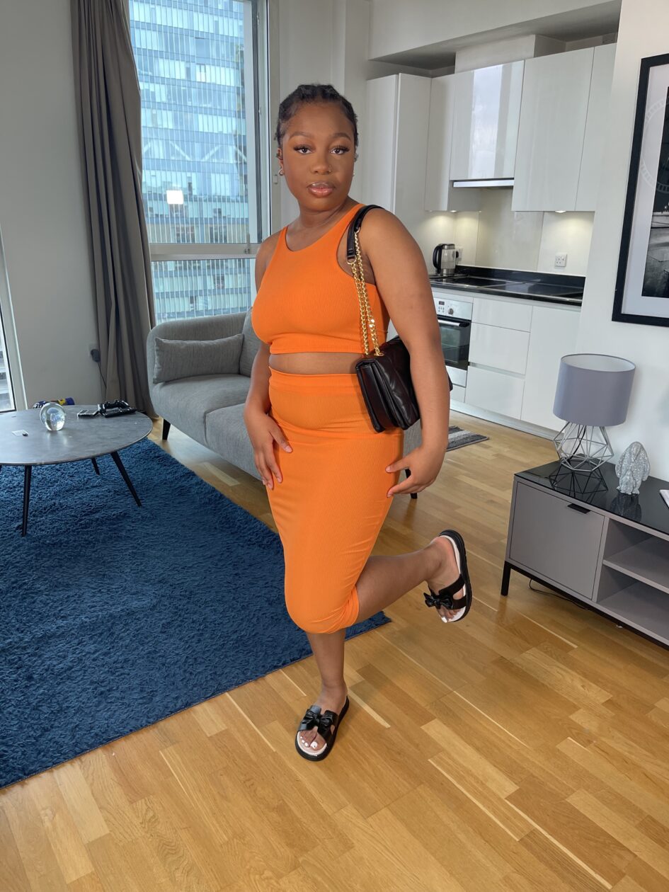 Co-ord Ribbed Skirt and Sleeveless Cropped Top In Orange