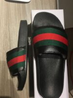 Green And Red Stripe Sliders In Black