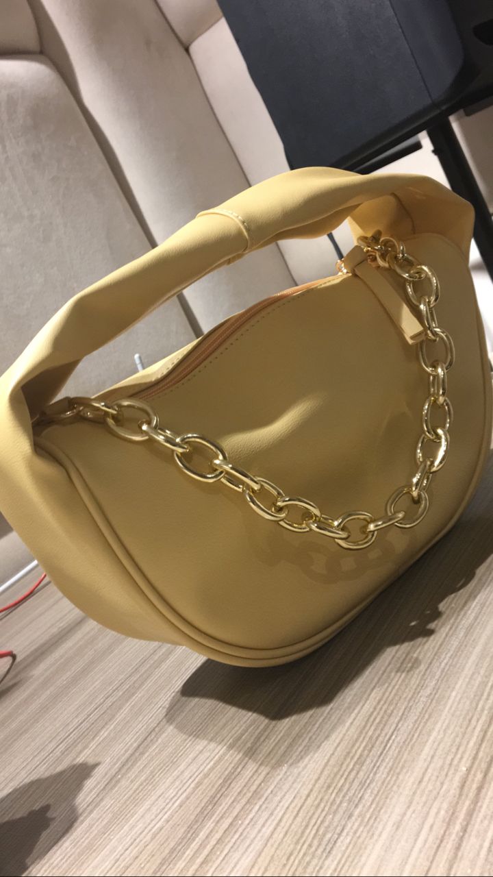 Leather Grab Bag With Chain Link In Mustard