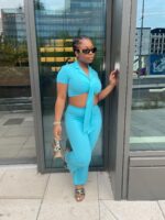 Co-ord Short Sleeve Tie Front Crop Top And Wide Leg Trouser In Blue