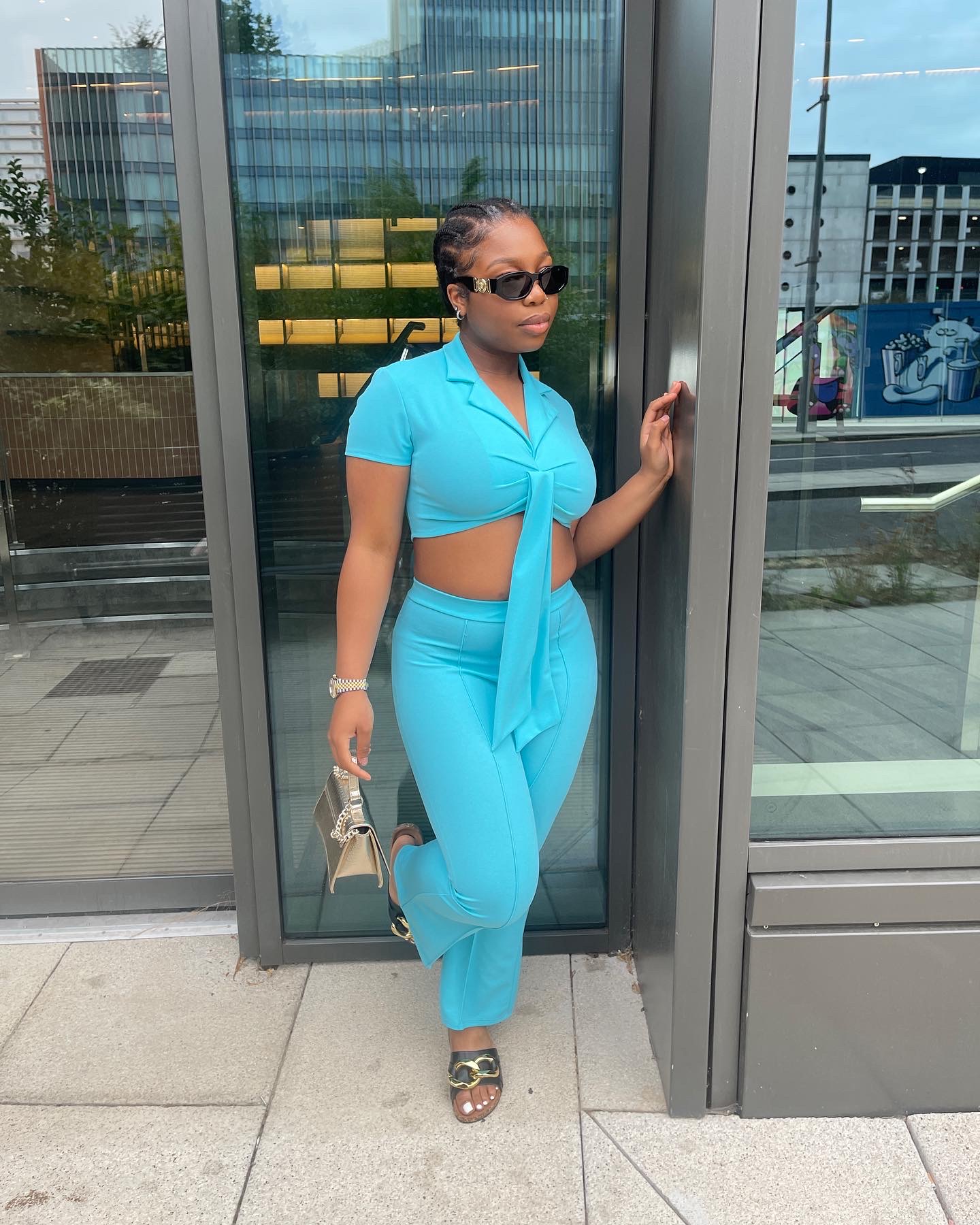 Co-ord Short Sleeve Tie Front Crop Top And Wide Leg Trouser In Blue