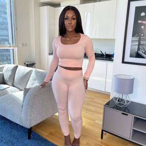 Ribbed Bodycon Long Sleeve Knit Detail Co-Ord In Pink