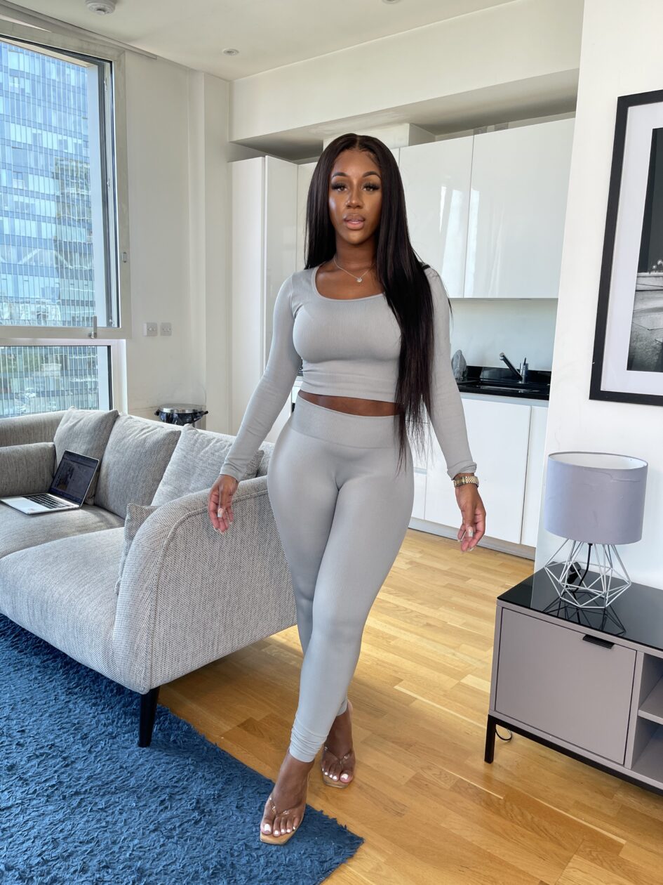 Ribbed Bodycon Long Sleeve Knit Detail Co-Ord In Grey